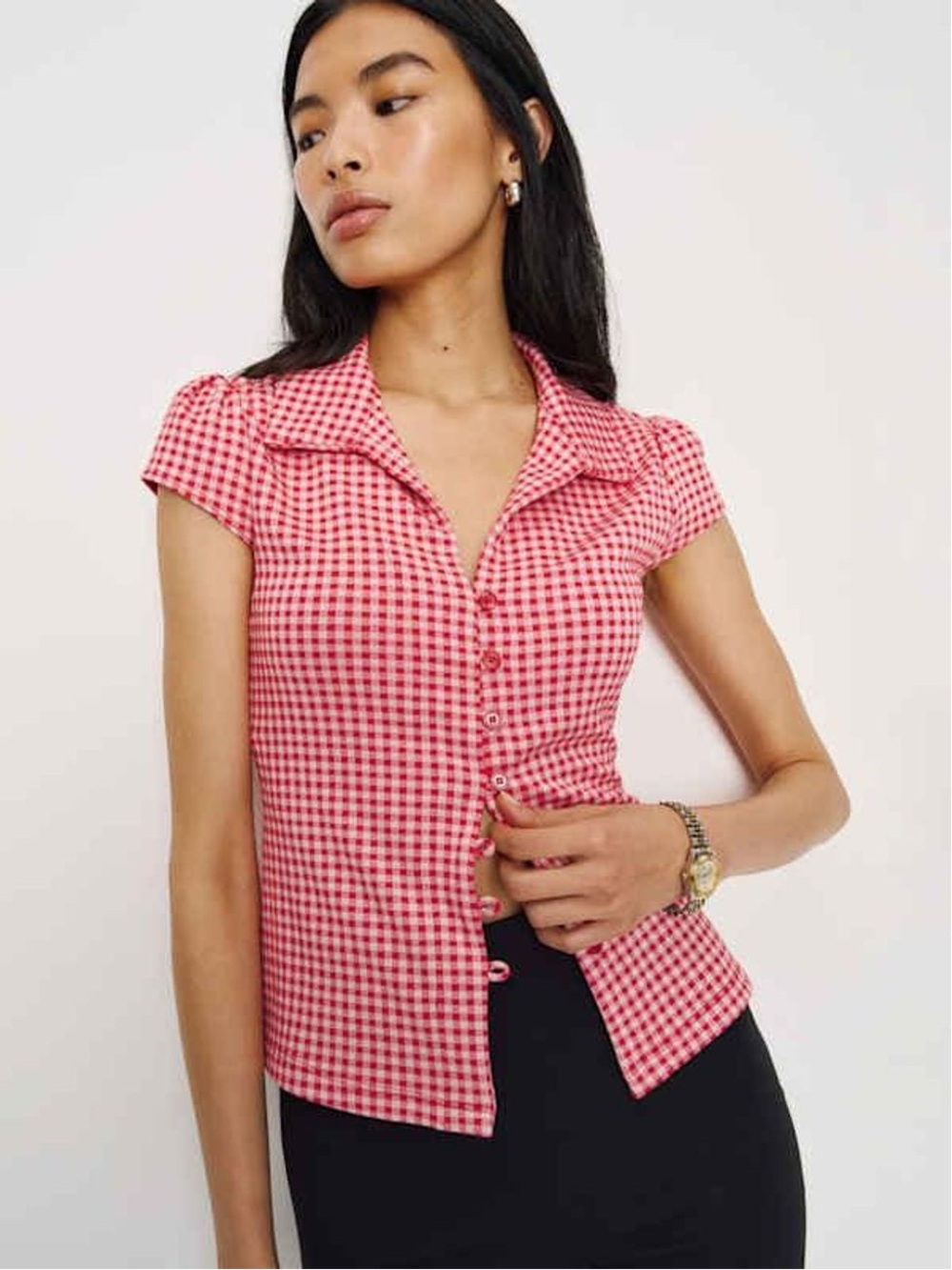 Reformation Red Gingham Short-Sleeve Button-Front Shirt